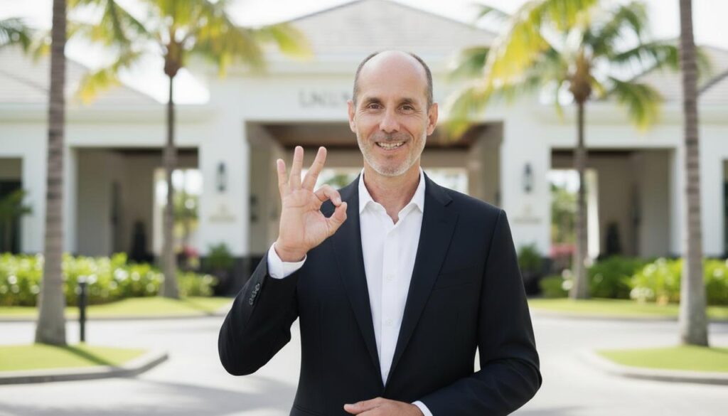 Armin vor einer Villa auf Mauritius mit OK-Handzeichen