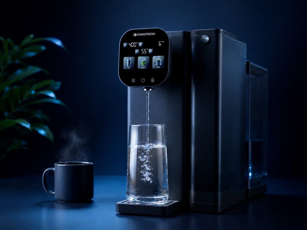 PureElegance Osmosegerät mit Wasserglas und heisser Kaffeetasse
